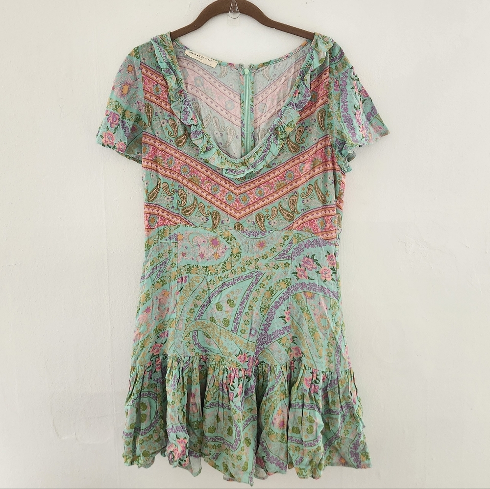 Spell And The Gypsy Paisley Print Ruffle Mini Dress Boho Chic Green Small - Picture 8 of 8
